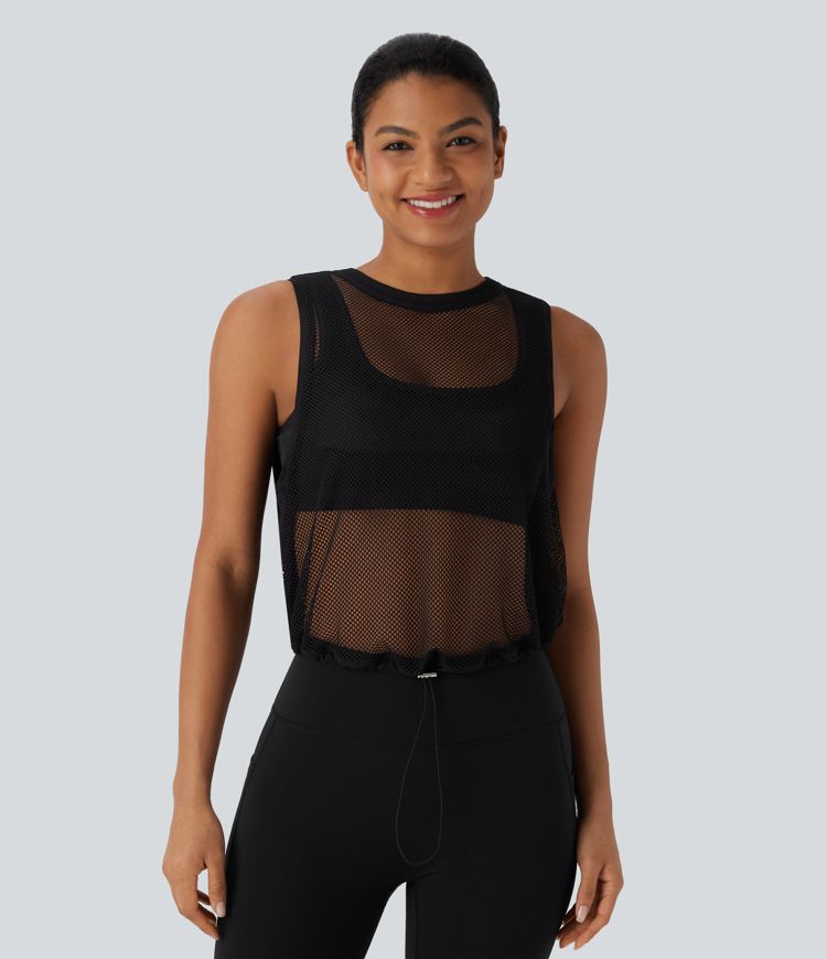 Sheer Mesh Cut Out Drawstring Hem Running Tank Top