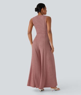 Henley Neck Sleeveless Wide Leg Flowy Casual Jumpsuit with Pockets