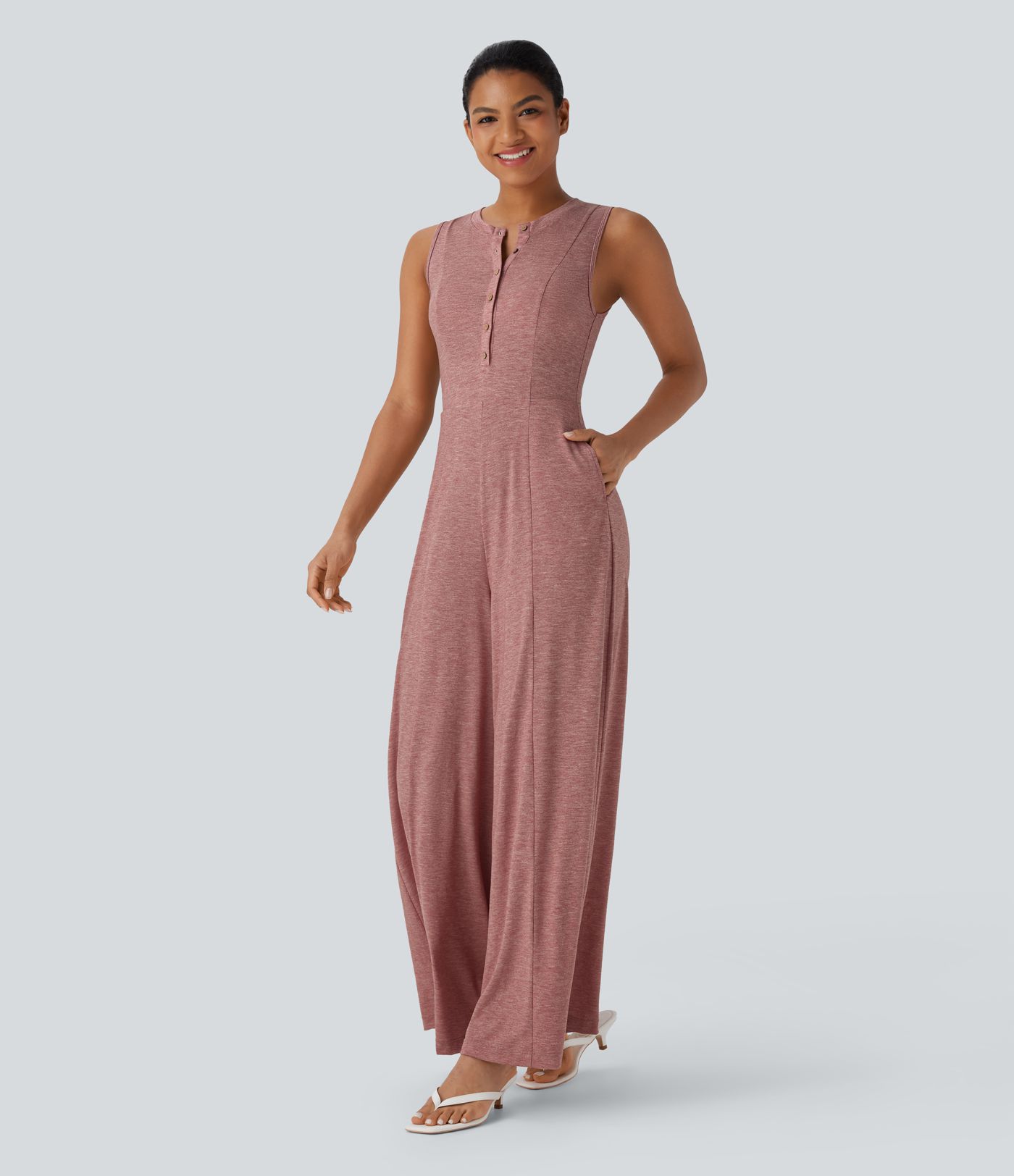 Henley Neck Sleeveless Wide Leg Flowy Casual Jumpsuit with Pockets