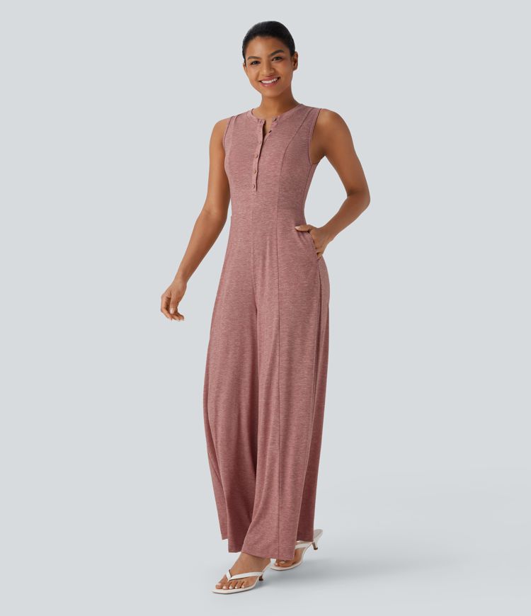 Henley Neck Sleeveless Wide Leg Flowy Casual Jumpsuit with Pockets