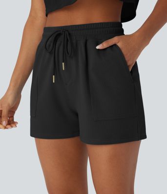 Mid Rise Drawstring Waffle Casual Shorts with Pockets