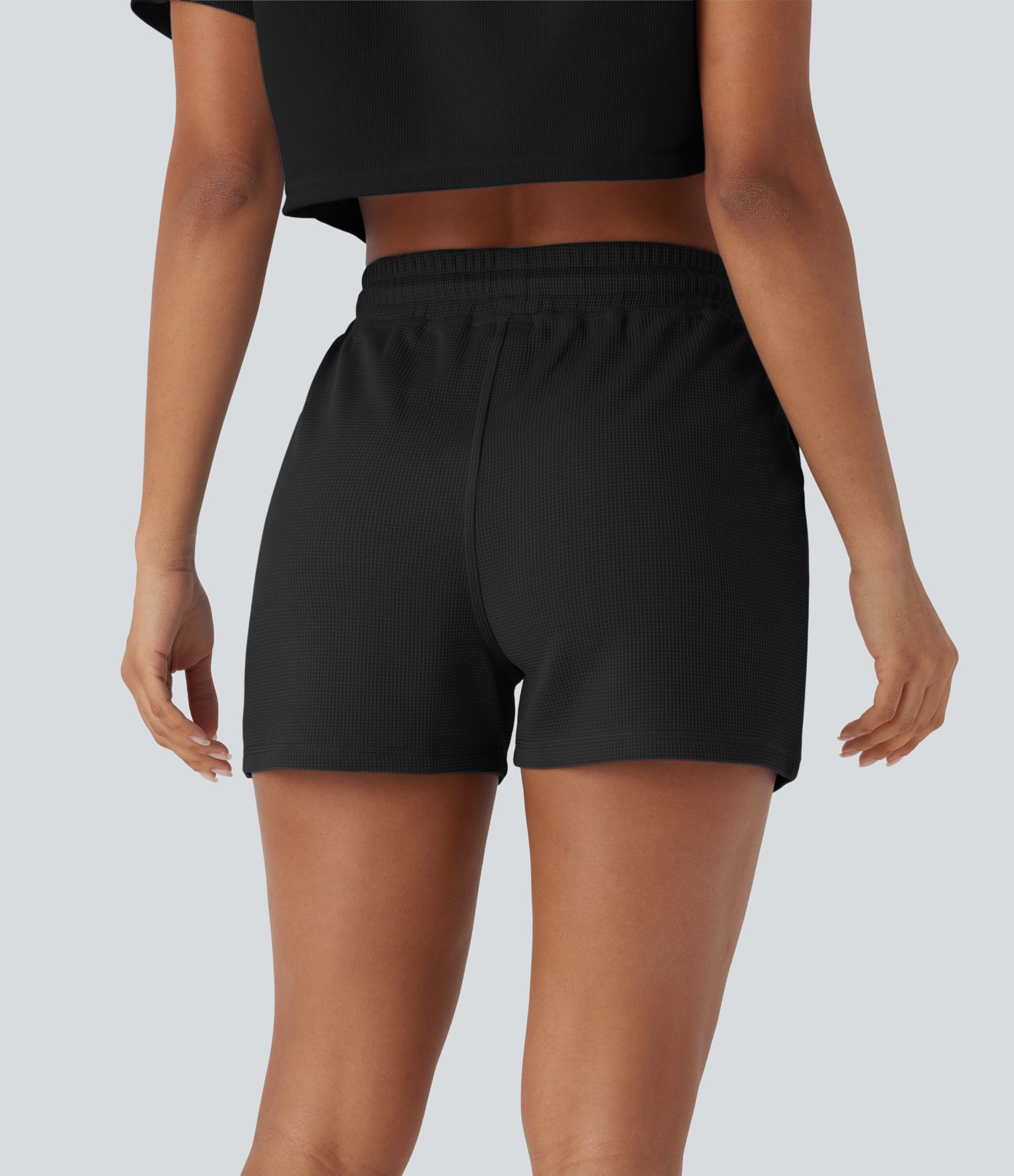 Mid Rise Drawstring Waffle Casual Shorts with Pockets