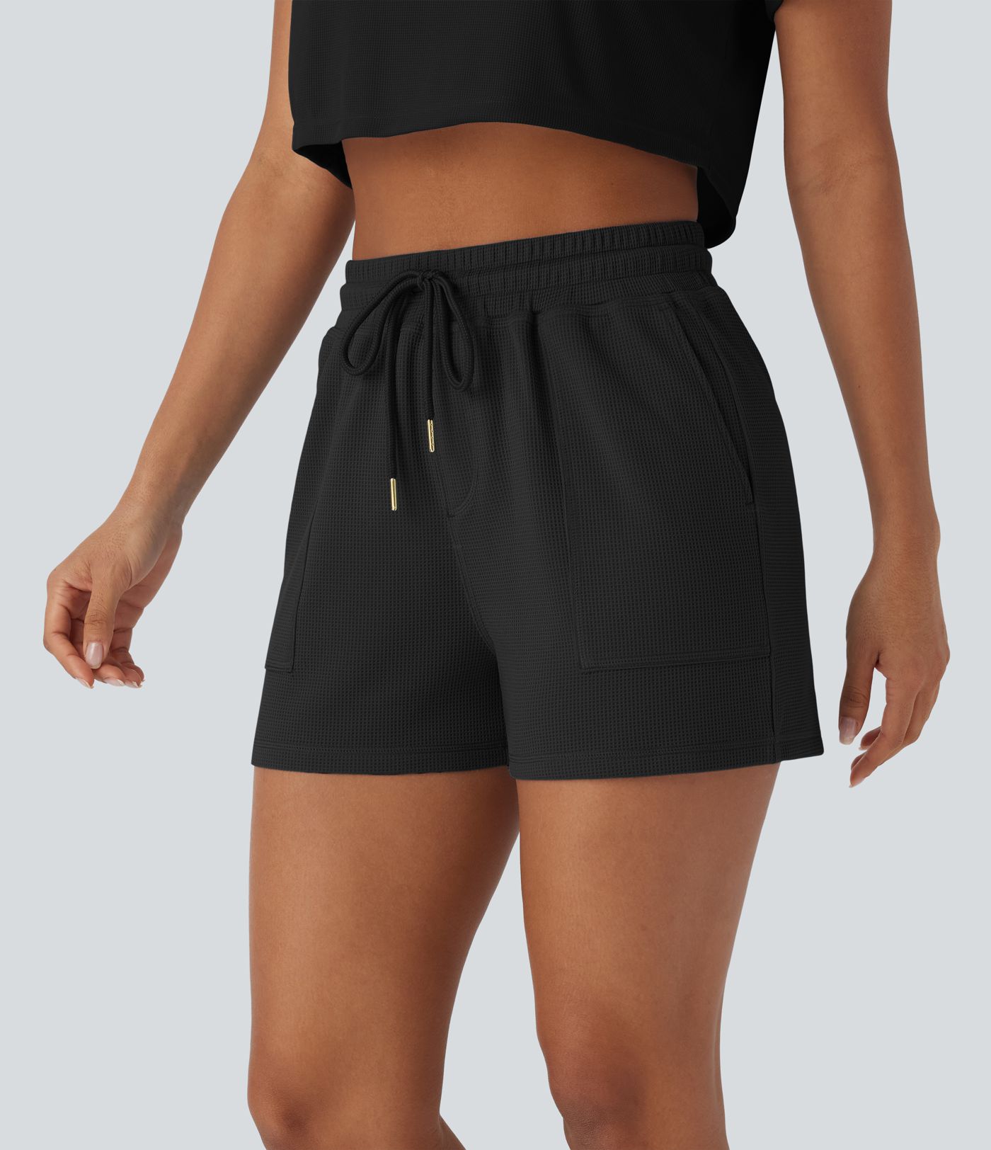 Mid Rise Drawstring Waffle Casual Shorts with Pockets