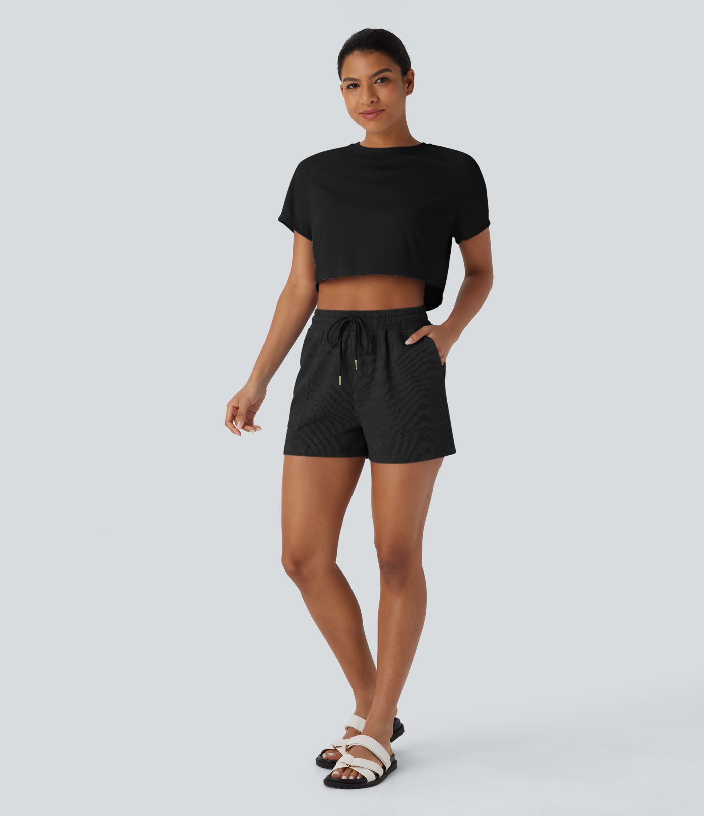 Mid Rise Drawstring Waffle Casual Shorts with Pockets