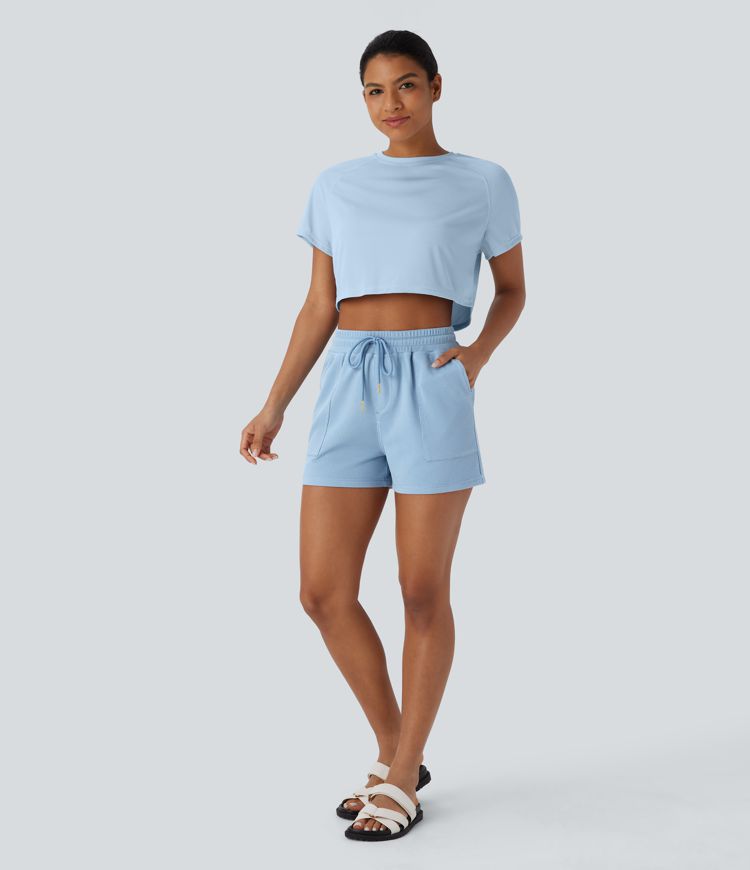 Lässige Shorts mit Seitentaschen, Kordelzug und Waffelstruktur