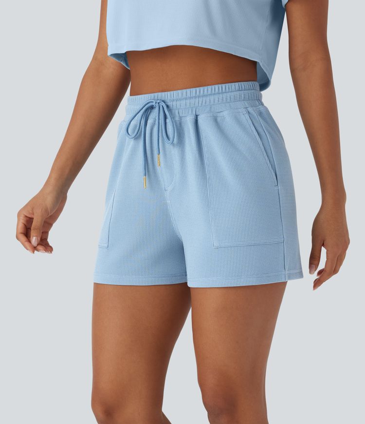 Lässige Shorts mit Seitentaschen, Kordelzug und Waffelstruktur