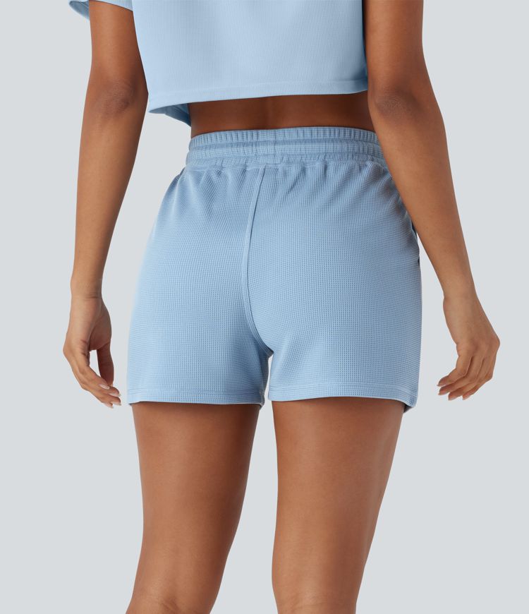 Lässige Shorts mit Seitentaschen, Kordelzug und Waffelstruktur