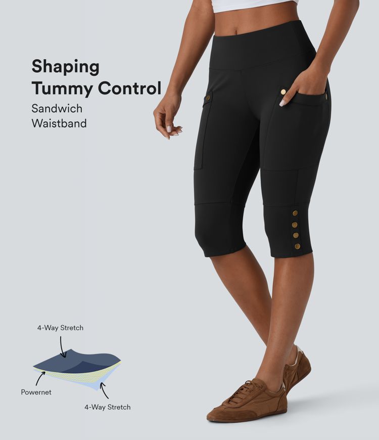 SoCinched High Waisted Tummy Control Decorative Button Side Pocket Skinny Casual Shorts