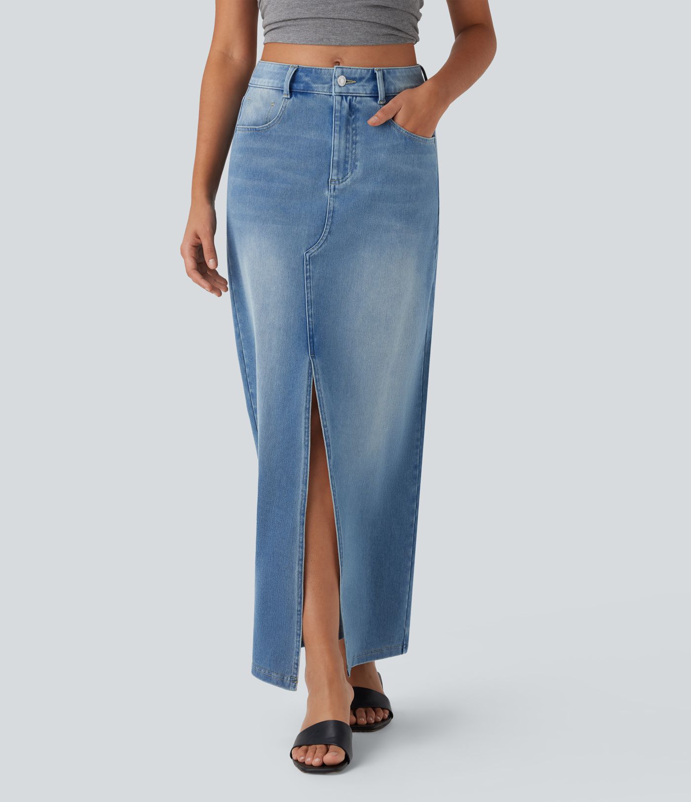 Halara Flex™ Mid Rise Pockets Straight Maxi Washed Denim Casual Skirt Halara Flex™ Mid Rise Pockets Straight Maxi Washed Denim Casual Skirt
