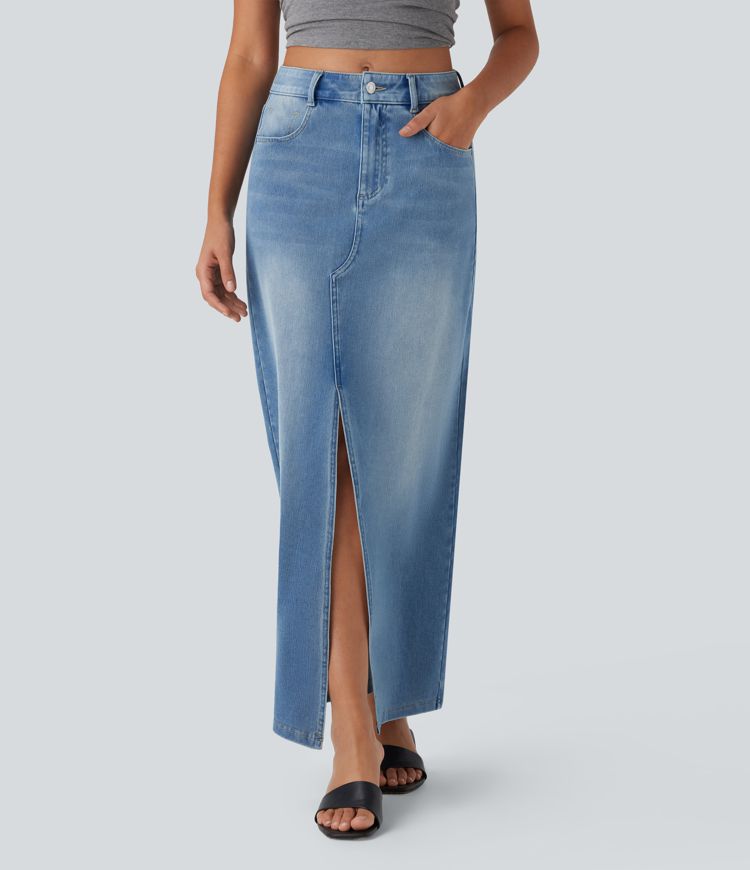 Halara Flex™ Mid Rise Pockets Straight Maxi Washed Denim Casual Skirt Halara Flex™ Mid Rise Pockets Straight Maxi Washed Denim Casual Skirt