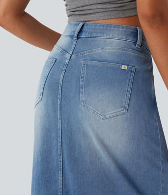 Halara Flex™ Mid Rise Pockets Straight Maxi Washed Denim Casual Skirt Halara Flex™ Mid Rise Pockets Straight Maxi Washed Denim Casual Skirt