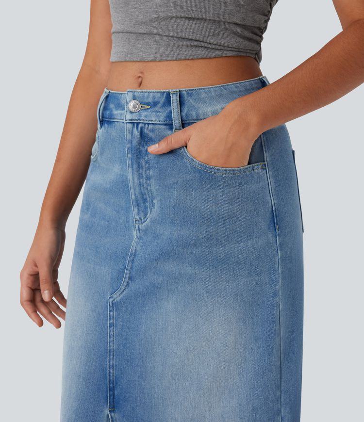 Halara Flex™ Mid Rise Pockets Straight Maxi Washed Denim Casual Skirt Halara Flex™ Mid Rise Pockets Straight Maxi Washed Denim Casual Skirt