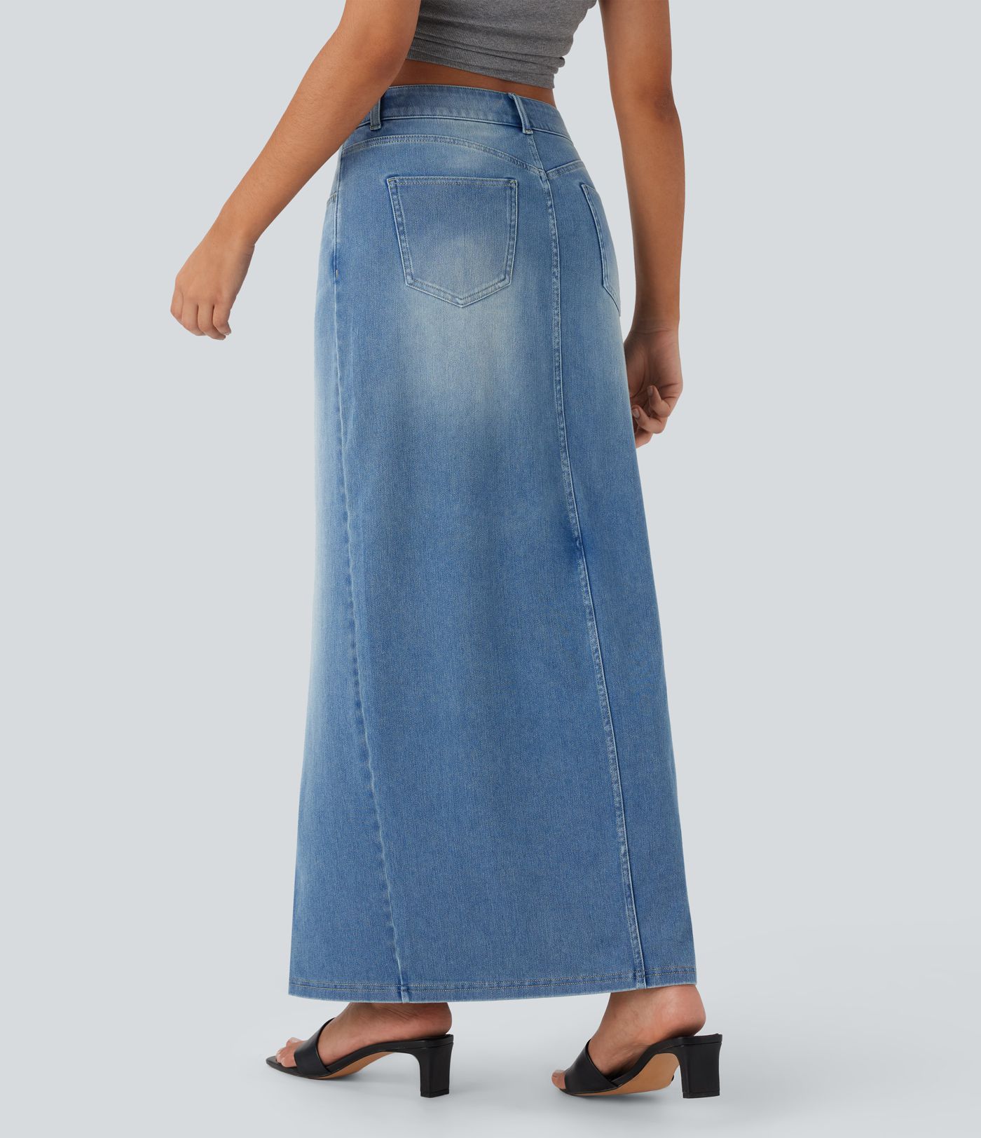 Halara Flex™ Mid Rise Pockets Straight Maxi Washed Denim Casual Skirt Halara Flex™ Mid Rise Pockets Straight Maxi Washed Denim Casual Skirt