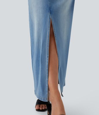 Halara Flex™ Mid Rise Pockets Straight Maxi Washed Denim Casual Skirt Halara Flex™ Mid Rise Pockets Straight Maxi Washed Denim Casual Skirt