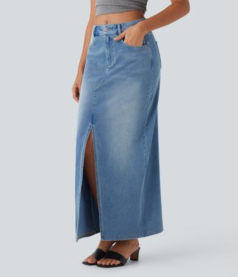 Halara Flex™ Mid Rise Pockets Straight Maxi Washed Denim Casual Skirt Halara Flex™ Mid Rise Pockets Straight Maxi Washed Denim Casual Skirt