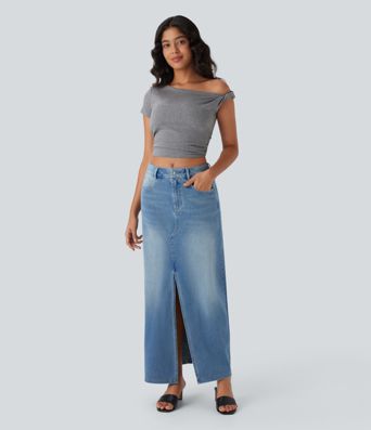 Halara Flex™ Mid Rise Pockets Straight Maxi Washed Denim Casual Skirt Halara Flex™ Mid Rise Pockets Straight Maxi Washed Denim Casual Skirt