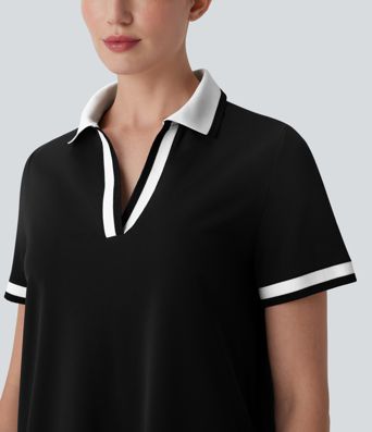 Polo V Neck Short Sleeve Cool Touch Mini Casual Dress with Pockets