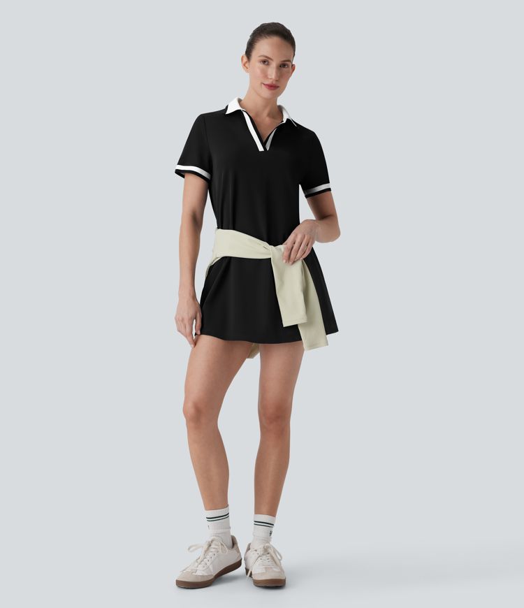 Polo V Neck Short Sleeve Cool Touch Mini Casual Dress with Pockets