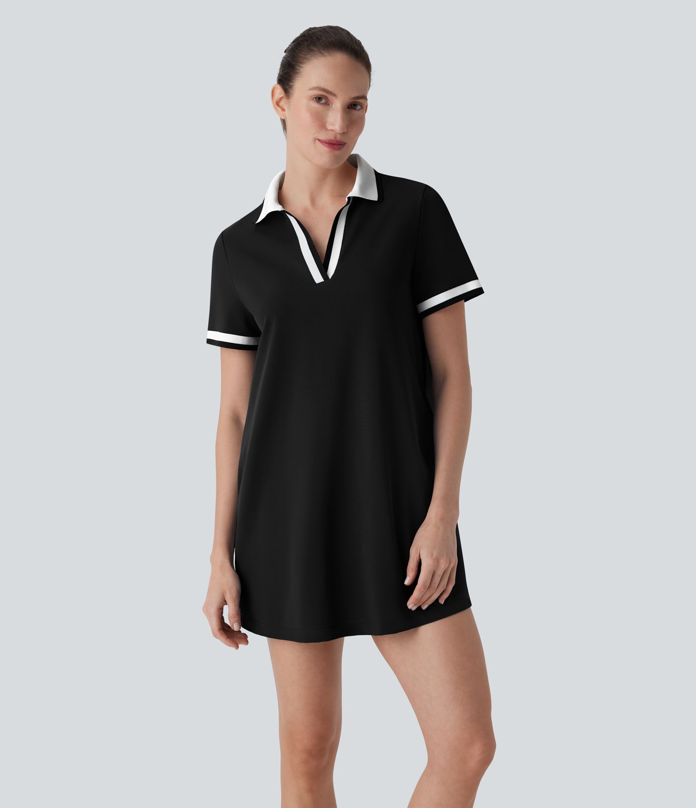 Polo V Neck Short Sleeve Cool Touch Mini Casual Dress with Pockets