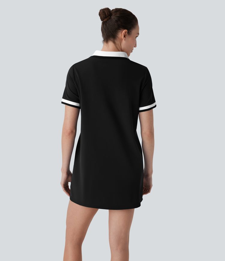 Polo V Neck Short Sleeve Cool Touch Mini Casual Dress with Pockets