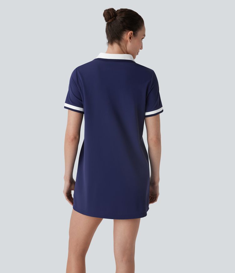 Polo-Minikleid mit V-Ausschnitt, Seitentaschen, kurzen Ärmeln und Cool-Touch