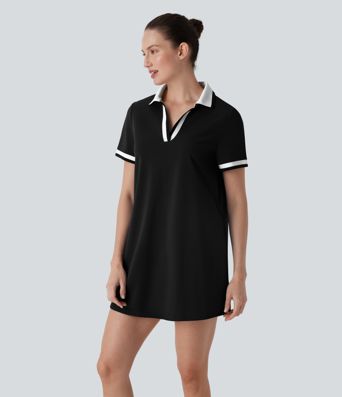Polo V Neck Short Sleeve Cool Touch Mini Casual Dress with Pockets