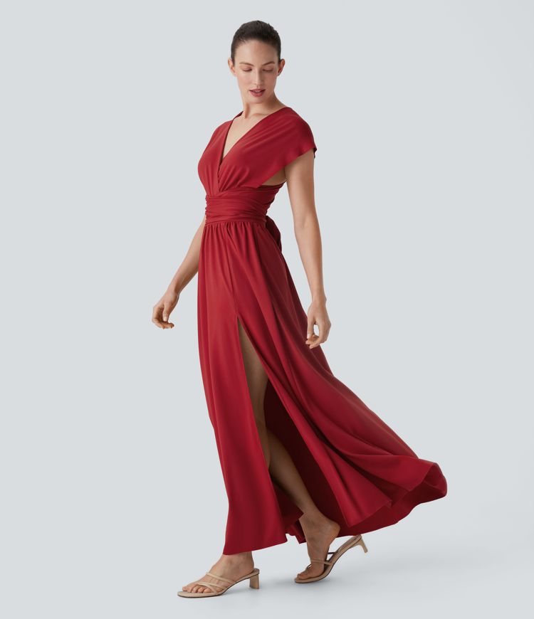 Robe longue de soirée col V, manches courtes, dos croisé à nouer, fendue avec poche latérale