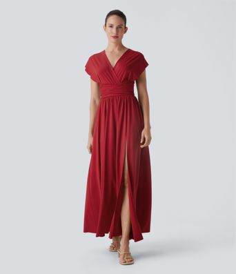 Robe maxi à col en V, manches courtes, dos à nouer, avec poche Robe maxi à col en V, manches courtes, dos à nouer, avec poche