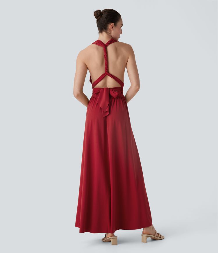 Robe longue de soirée col V, manches courtes, dos croisé à nouer, fendue avec poche latérale