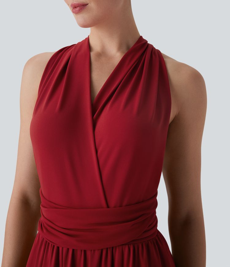 Robe longue de soirée col V, manches courtes, dos croisé à nouer, fendue avec poche latérale