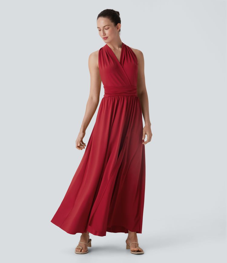 Robe longue de soirée col V, manches courtes, dos croisé à nouer, fendue avec poche latérale