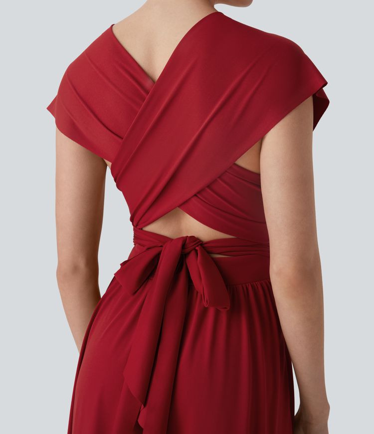 Robe longue de soirée col V, manches courtes, dos croisé à nouer, fendue avec poche latérale