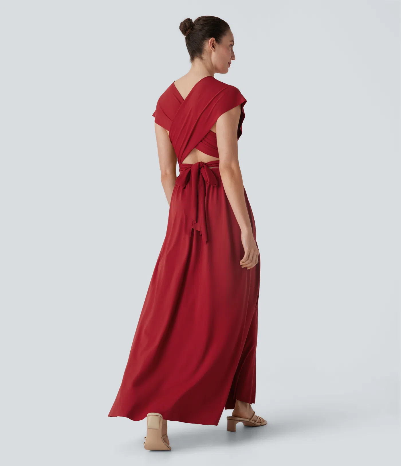 V Neck Short Sleeve Crisscross Tie Back Split Maxi Party Dress with Side Pocket
