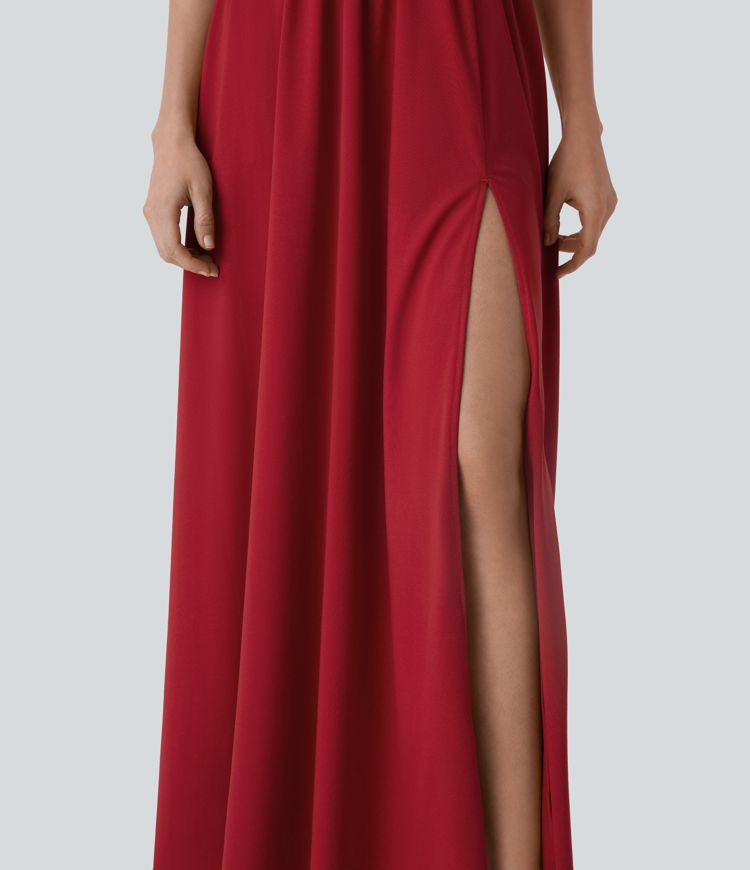 Robe longue de soirée col V, manches courtes, dos croisé à nouer, fendue avec poche latérale