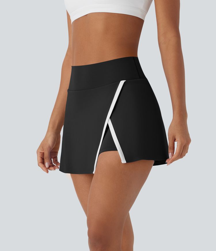Hoch taillierter 2-in-1-Mini-Tennisrock mit geteiltem Farbblock und Seitentasche