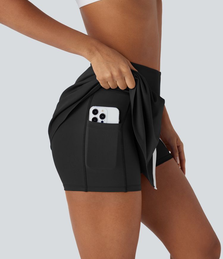 Hoch taillierter 2-in-1-Mini-Tennisrock mit geteiltem Farbblock und Seitentasche