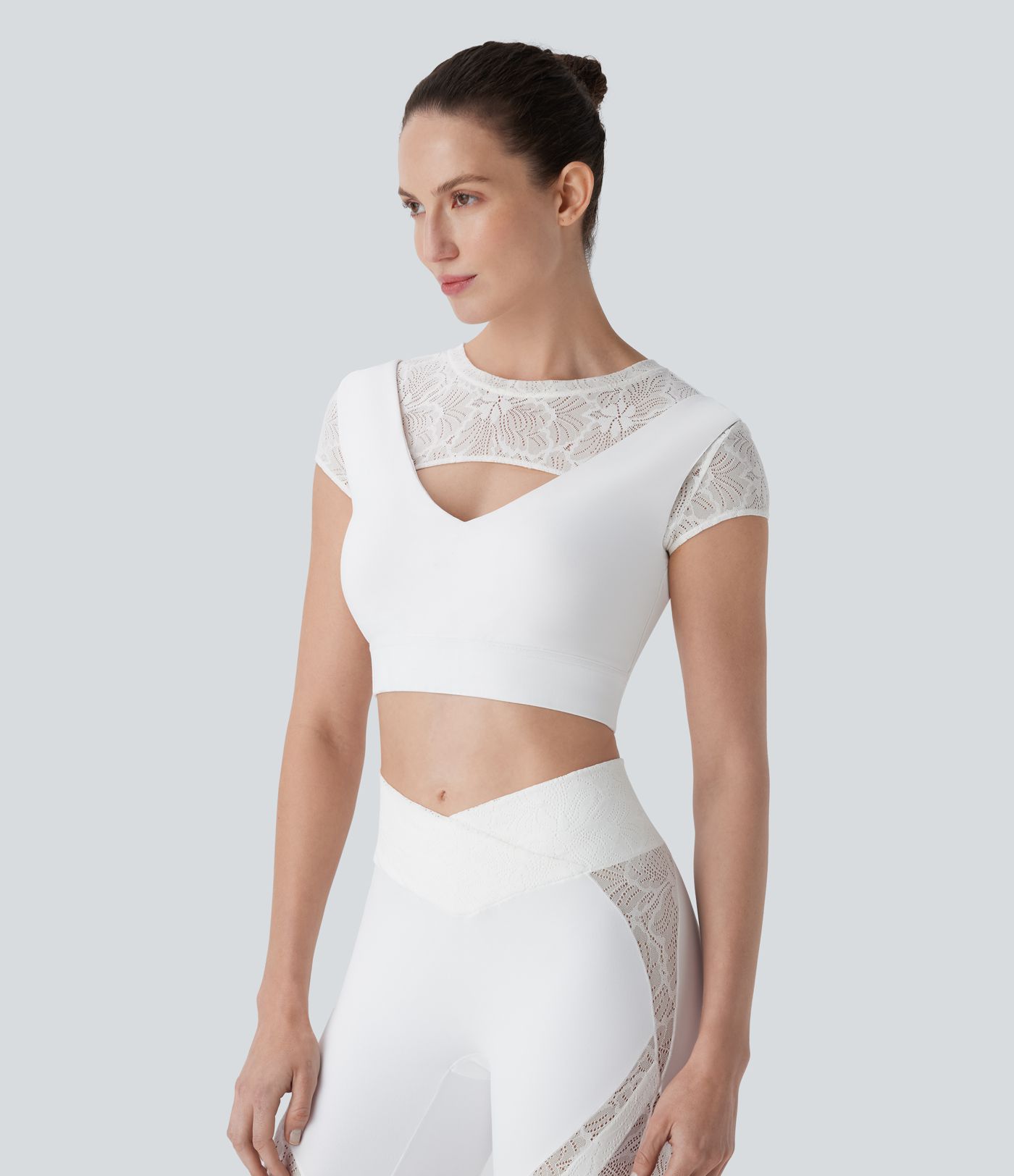 Softlyzero™ Contrast Lace Short Sleeve Cropped Yoga Sports Top-UPF50+