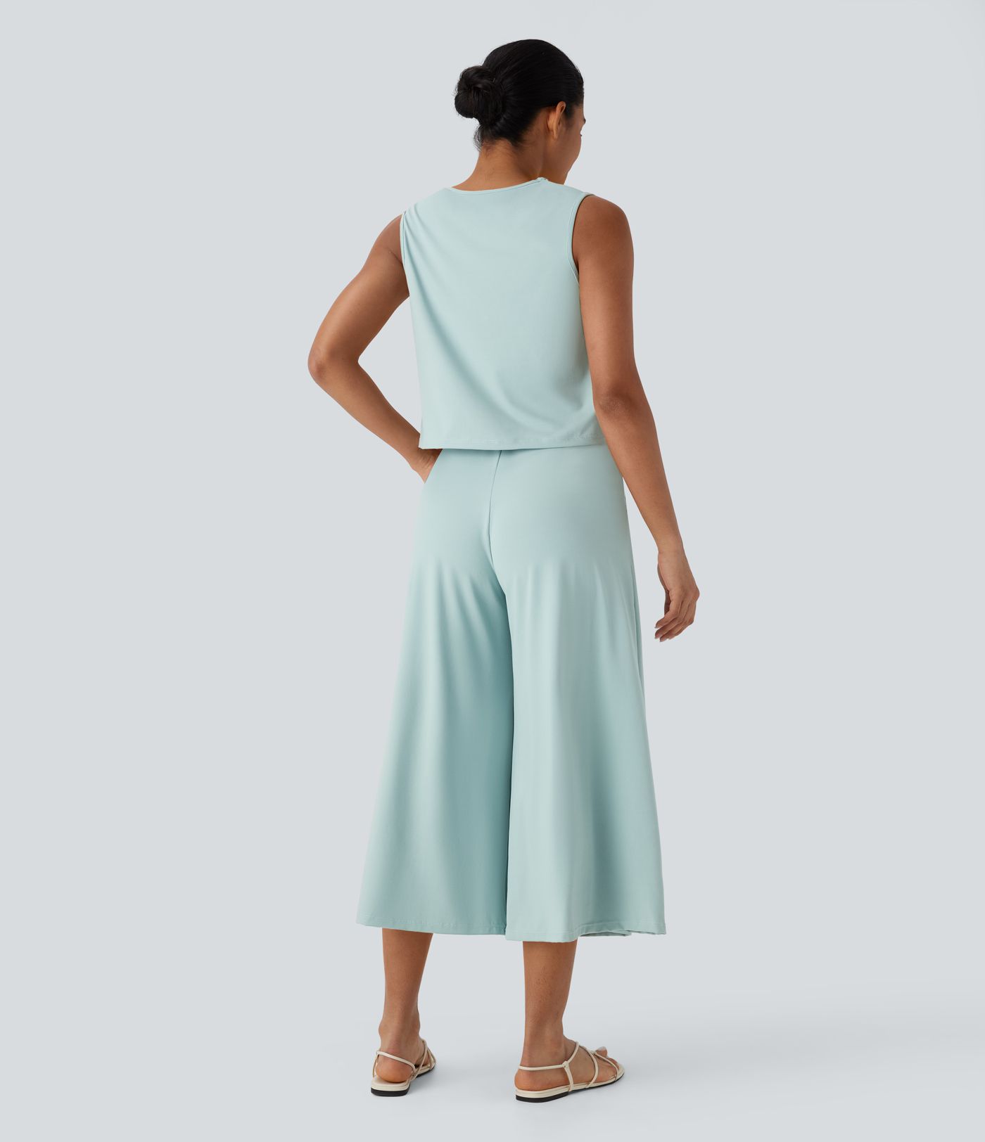 Sleeveless Top and Capri Wide Leg Pants Set with Pockets