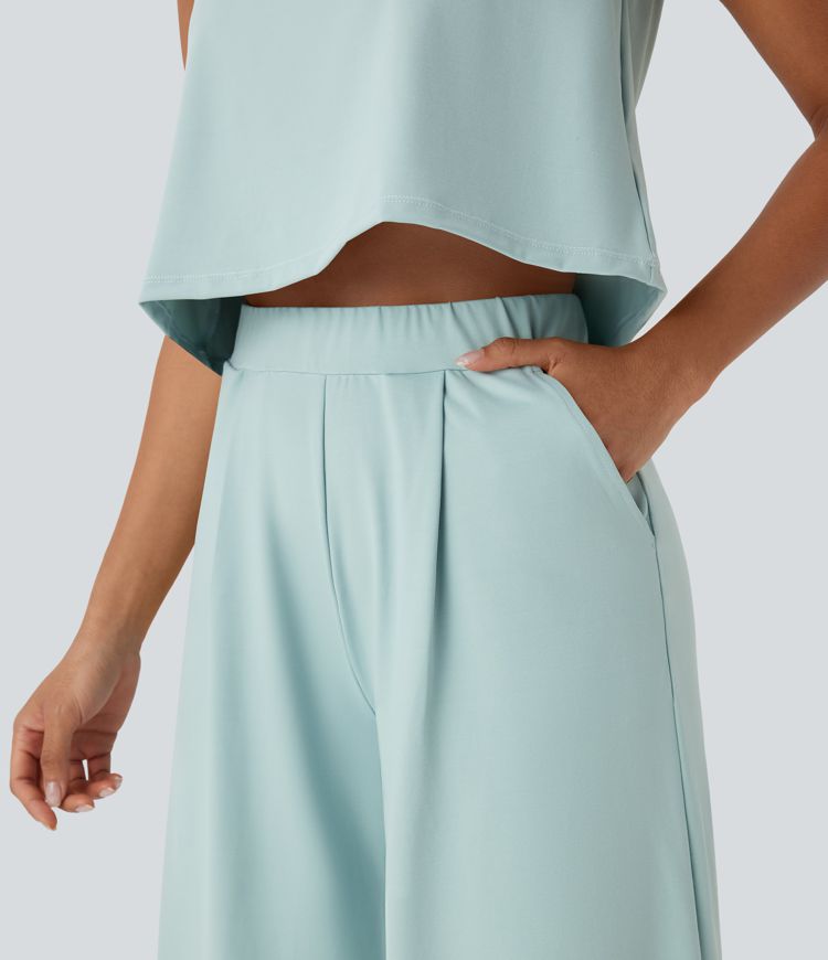 Sleeveless Top and Capri Wide Leg Trousers Set with Pockets
