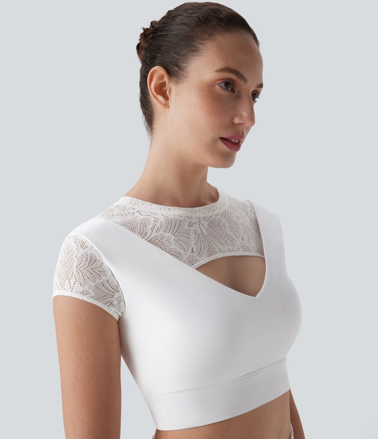 Softlyzero™ Contrast Lace Short Sleeve Cropped Yoga Sports Top-UPF50+