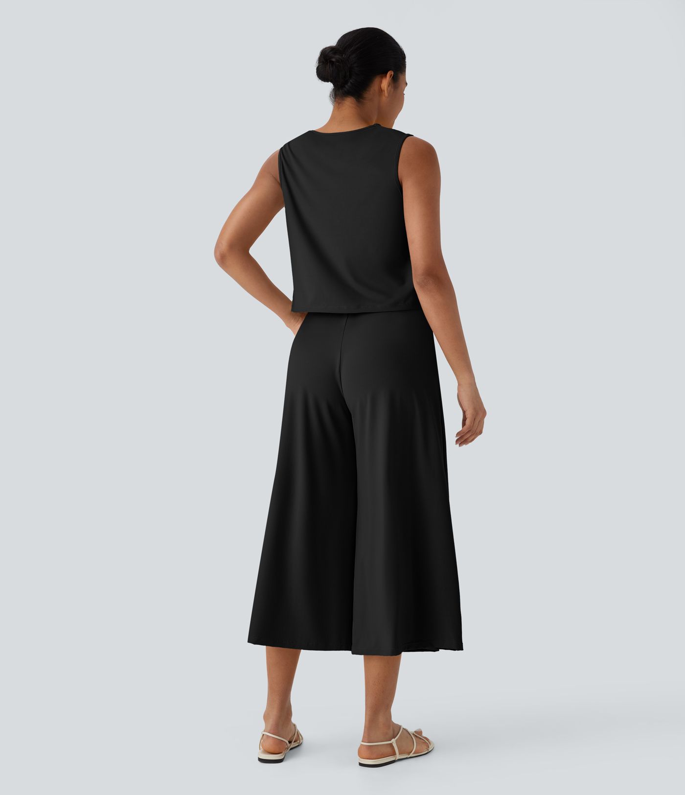 Sleeveless Top and Capri Wide Leg Pants Set with Pockets