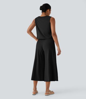 Sleeveless Top and Capri Wide Leg Pants Set with Pockets