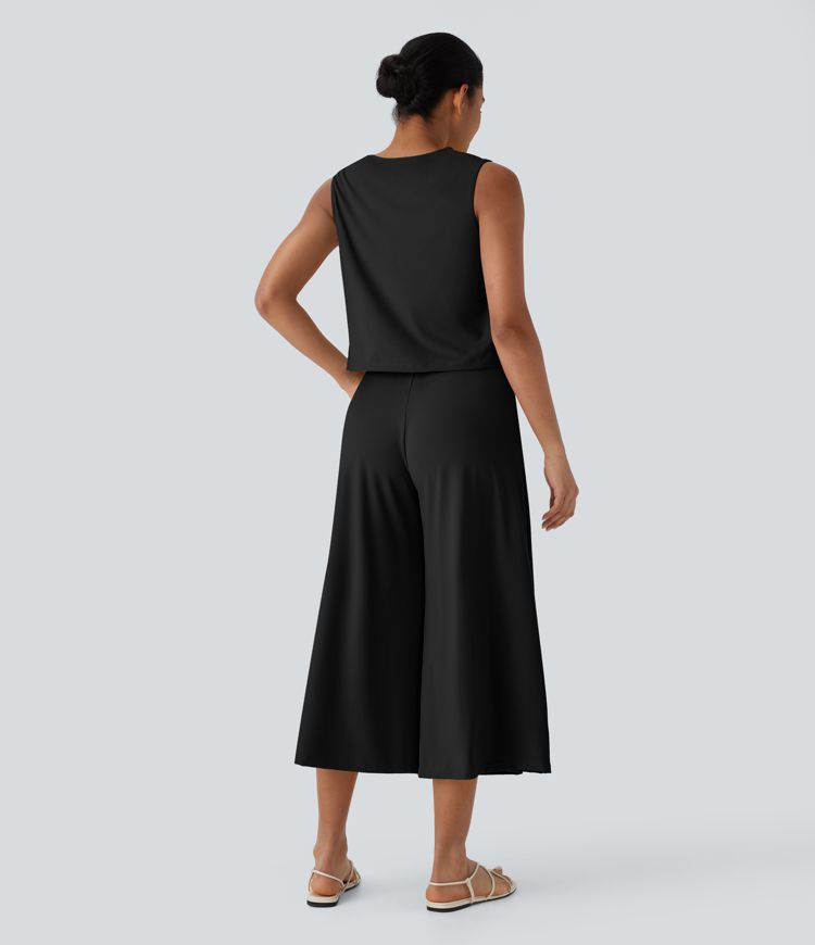 Sleeveless Top and Capri Wide Leg Pants Set with Pockets