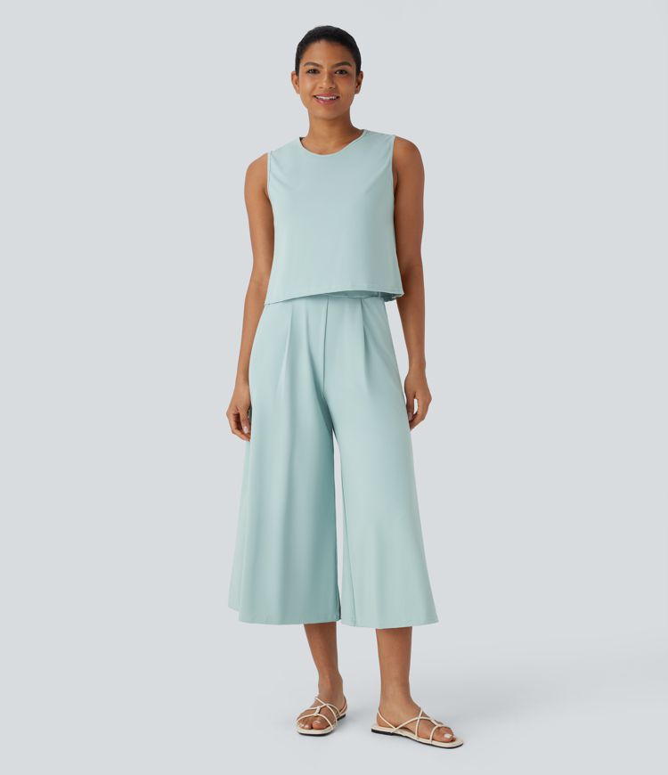 Sleeveless Top and Capri Wide Leg Trousers Set with Pockets