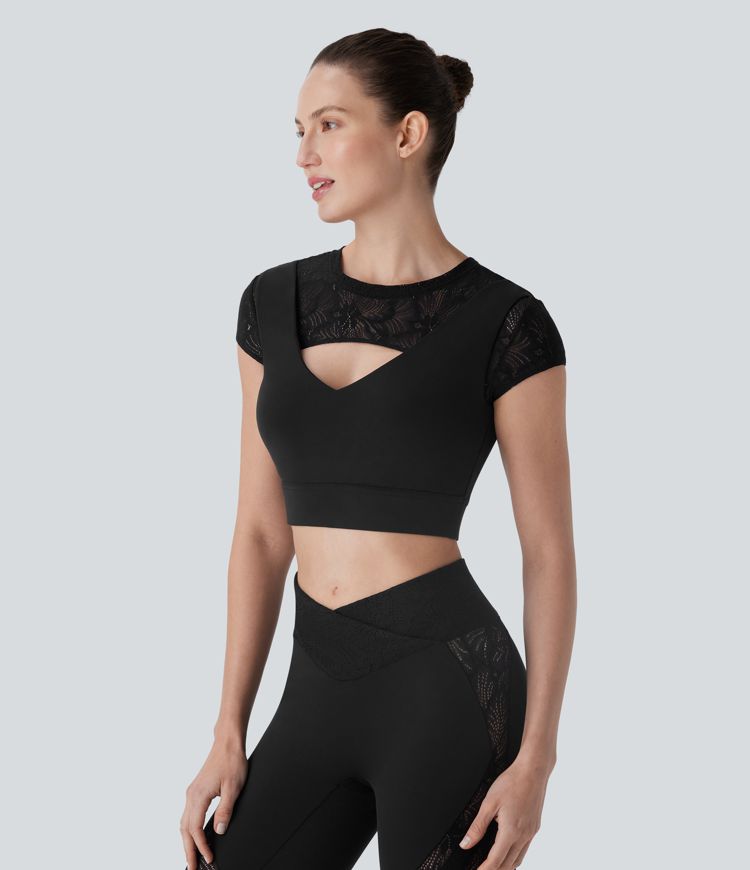 SoftlyZero™ Contrast Lace Short Sleeve Cropped Yoga Sports Top-UPF50+