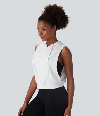 Hooded Drawstring Sleeveless Cropped Running Tank Top