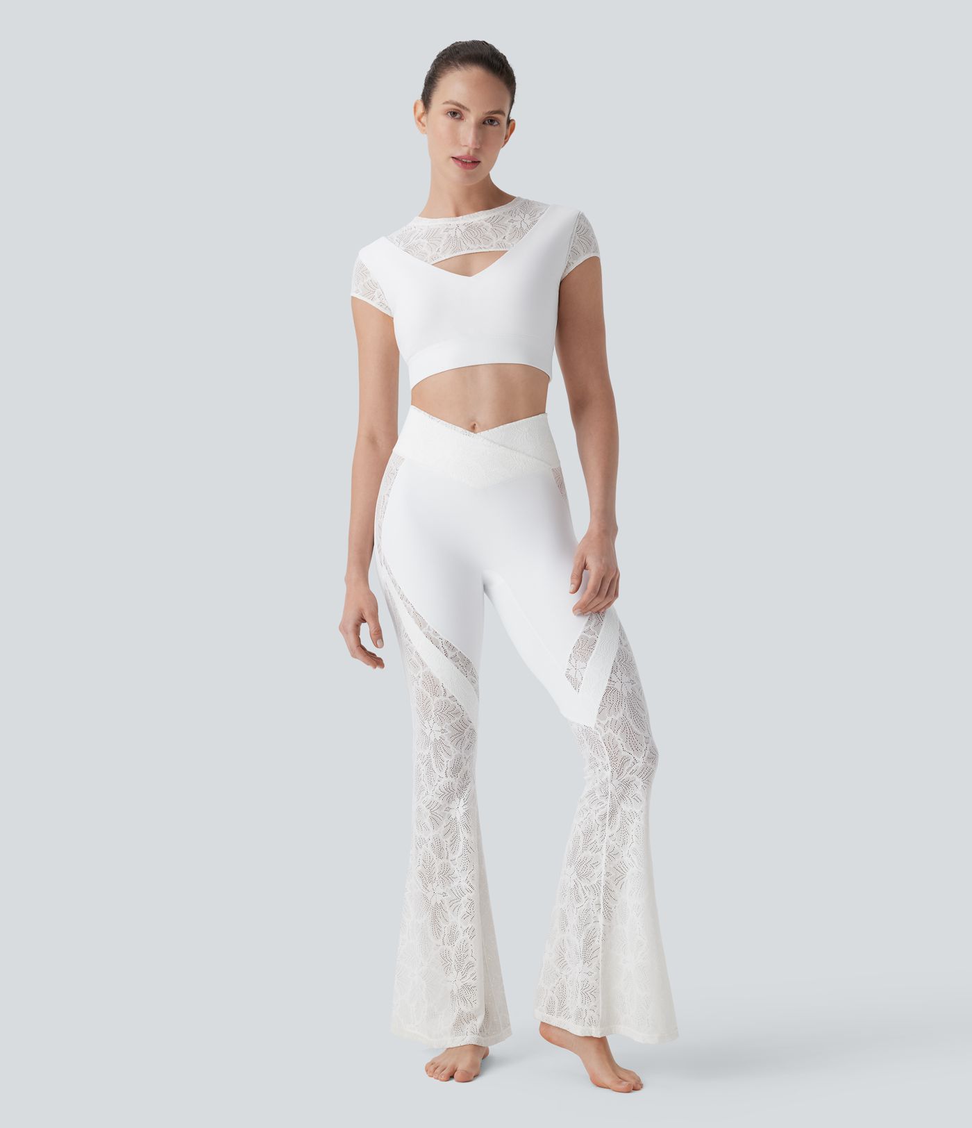 Softlyzero™ Contrast Lace Short Sleeve Cropped Yoga Sports Top-UPF50+