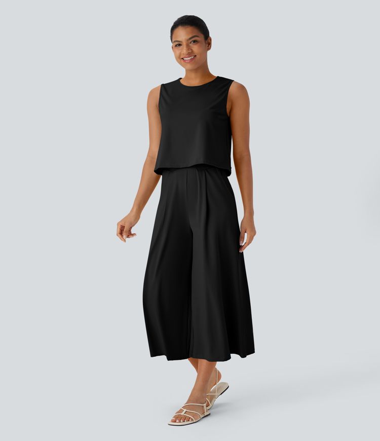 Sleeveless Top and Capri Wide Leg Pants Set with Pockets