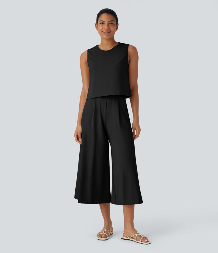 Sleeveless Top and Capri Wide Leg Pants Set with Pockets