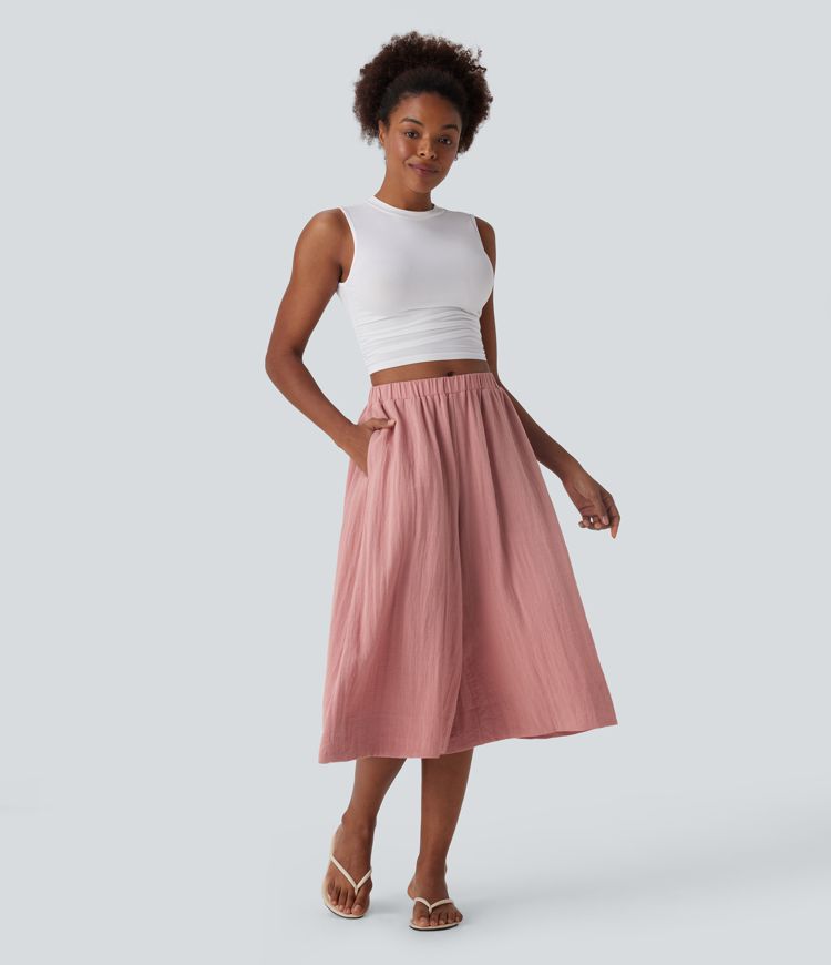 Mid Rise Wide Leg Flowy Resort Linen-Feel Trousers with Side Pocket